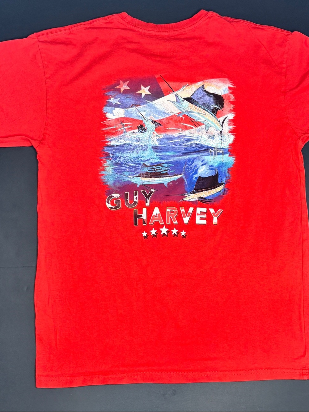Guy Harvey Red Tee with Patriotic Marlin Graphic Men's Medium Summer Fun - Picture 2 of 6